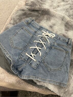 Light Blue Lace-Up High Waist Denim Shorts